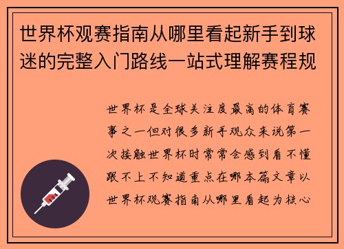 世界杯观赛指南从哪里看起新手到球迷的完整入门路线一站式理解赛程规则看点