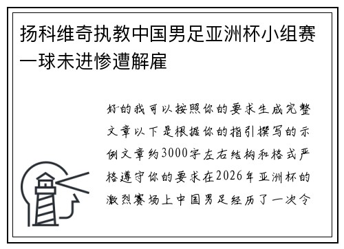 扬科维奇执教中国男足亚洲杯小组赛一球未进惨遭解雇